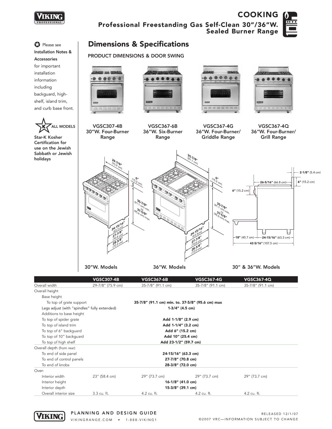 Viking VGSC307-4B* dimensions Dimensions & Specifications, 30W. Models 36W. Models 30 & 36W. Models, VGSC367-6B, Holidays 