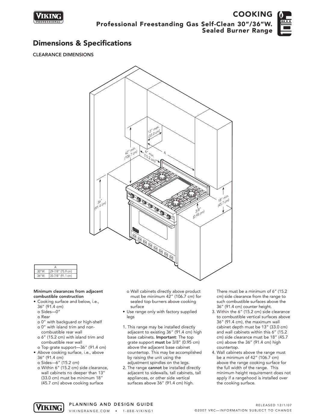 Viking VGSC307-4BSSBR, VGSC367-4G*, VGSC307-4B*, VGSC367-68* dimensions Min 