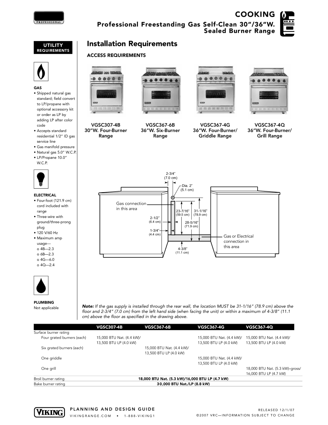 Viking VGSC367-68*, VGSC307-4BSSBR, VGSC367-4G* Installation Requirements, VGSC307-4B VGSC367-6B, Gas connection This area 