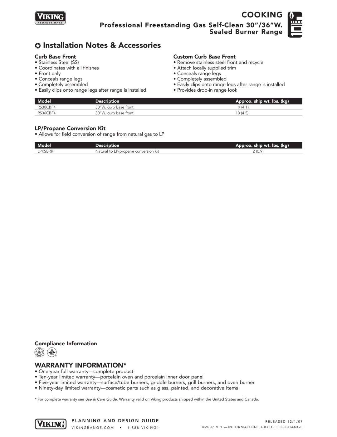 Viking VGSC367-4G*, VGSC307-4B* Curb Base Front Custom Curb Base Front, LP/Propane Conversion Kit, Compliance Information 