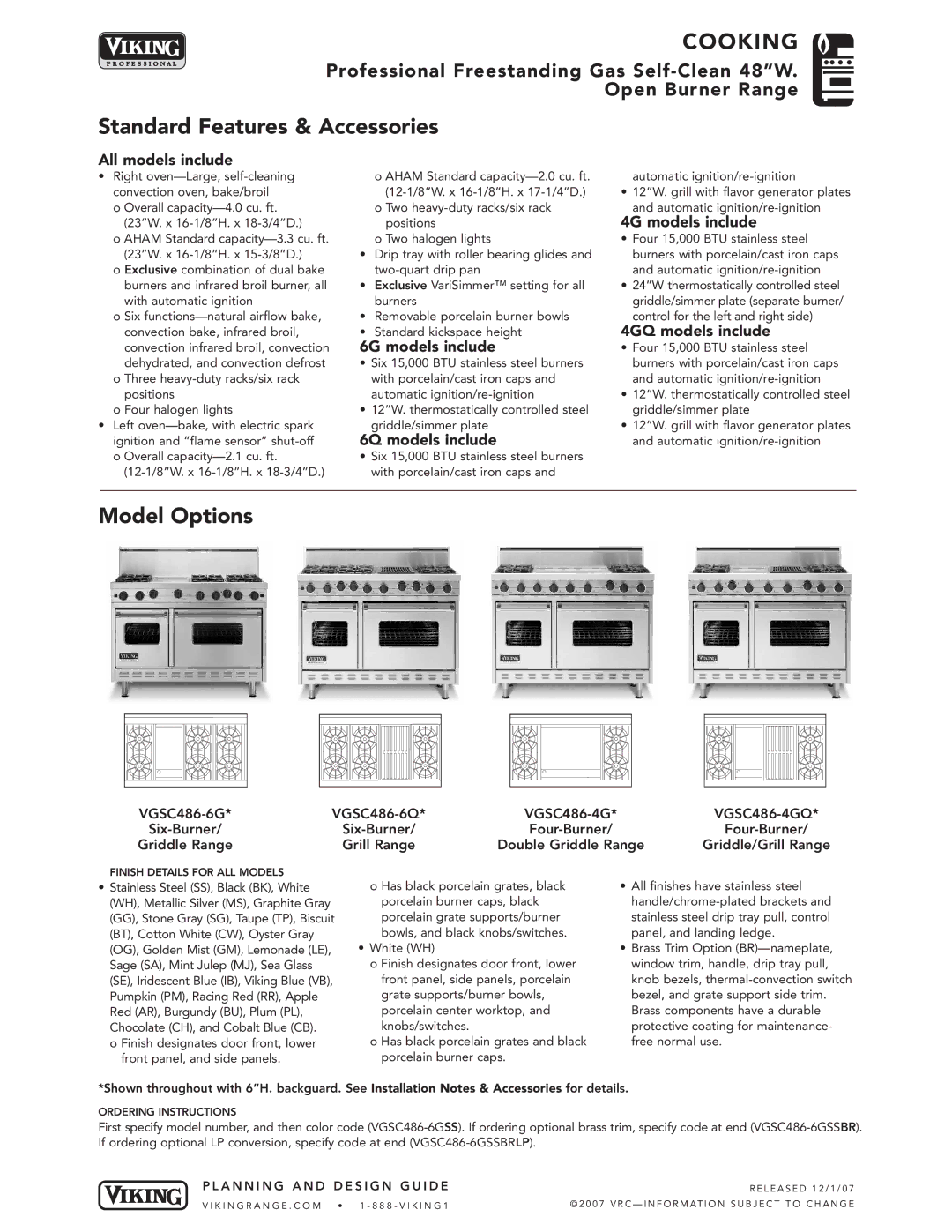 Viking VGSC486 manual Standard Features & Accessories, Model Options 