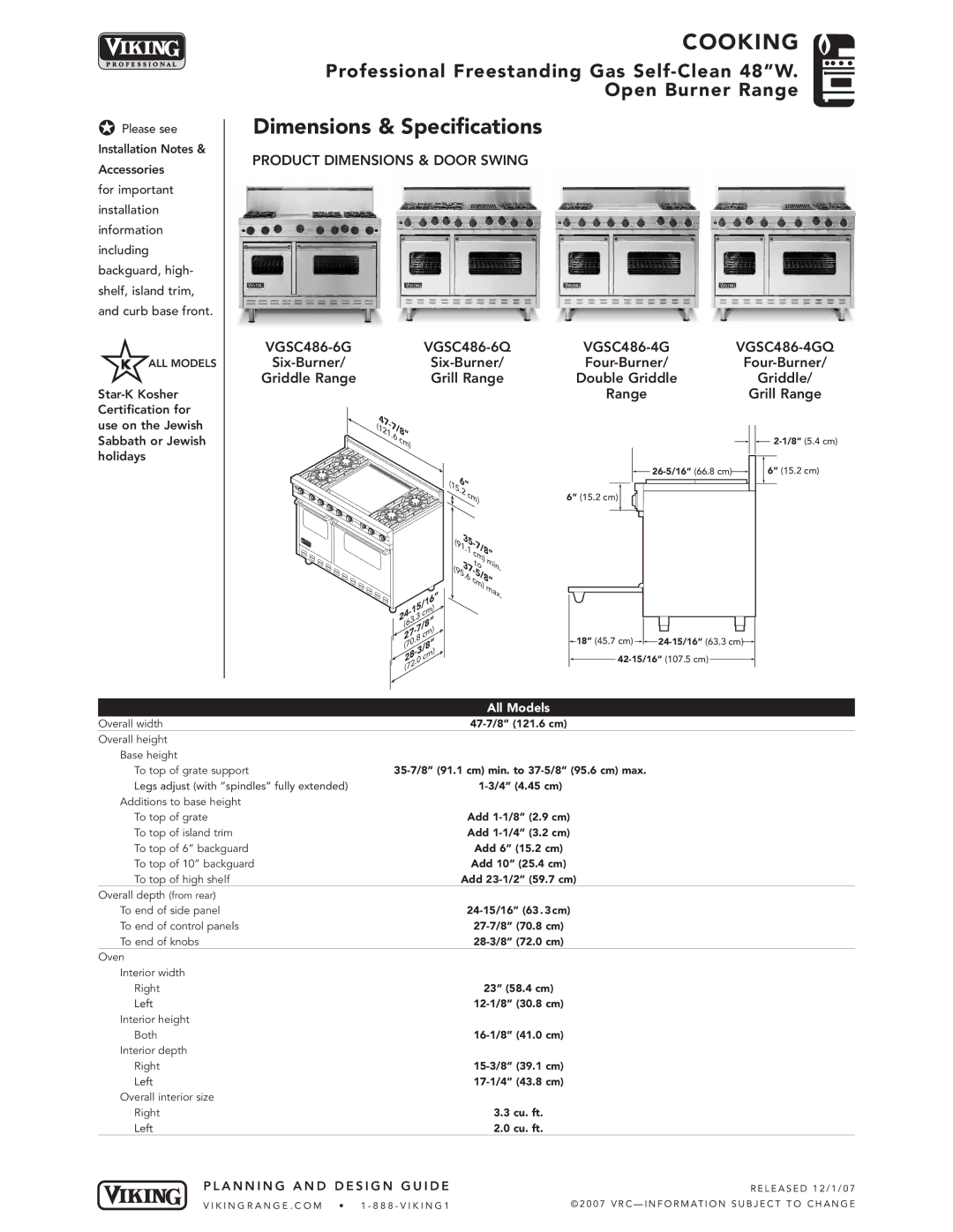 Viking manual Dimensions & Specifications, Product Dimensions & Door Swing, VGSC486-4GQ 