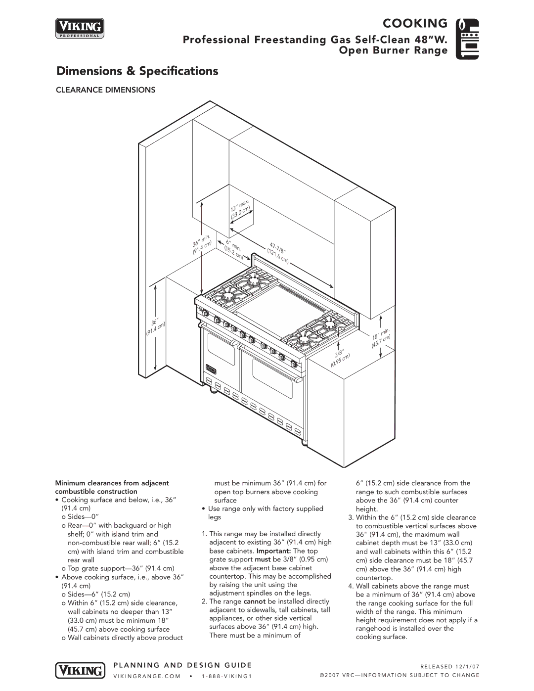 Viking VGSC486 manual Clearance Dimensions 