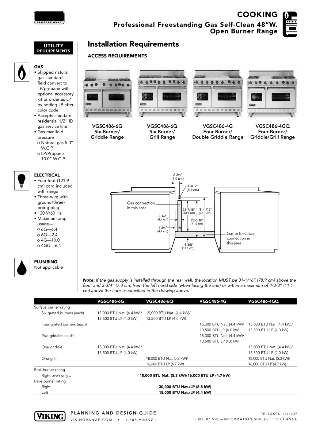 Viking VGSC486 manual Installation Requirements, Gas, Electrical, Plumbing 