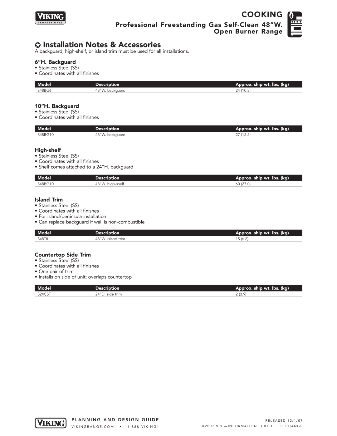 Viking VGSC486 manual Installation Notes & Accessories 