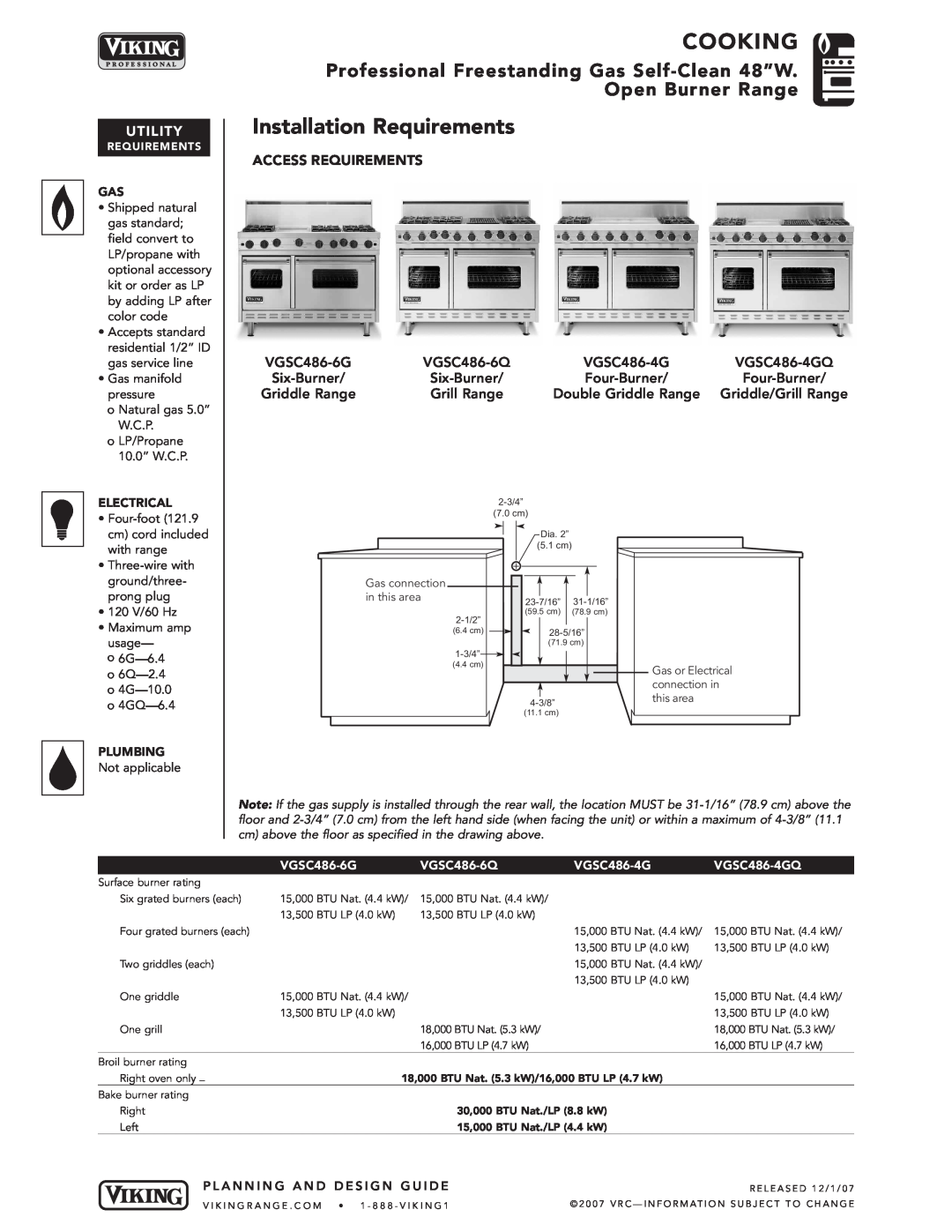 Viking VGSC486 manual Installation Requirements, Access Requirements, Cooking, Utility 