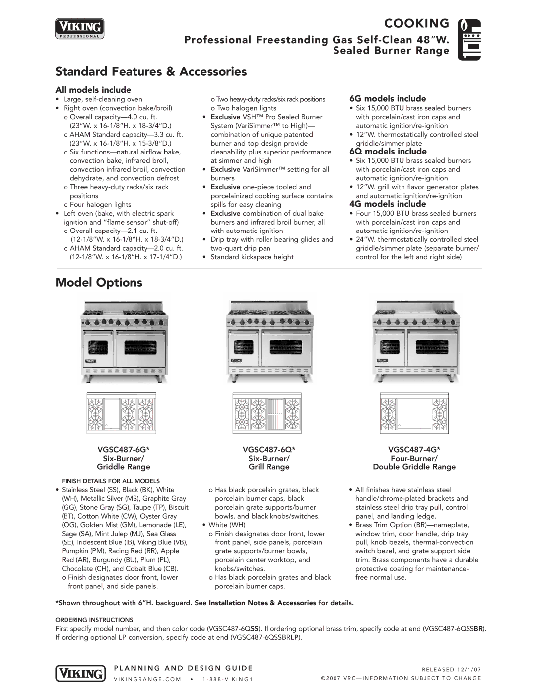 Viking VGSC487-6G*, VGSC487-4G*, VGSC487-6Q* manual Standard Features & Accessories, Model Options 