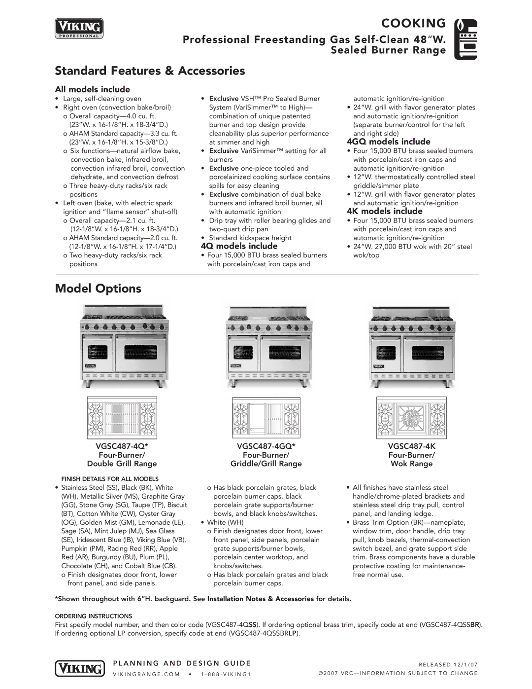 Viking VGSC487-6Q*, VGSC487-4G*, VGSC487-6G* manual 4Q models include, 4GQ models include, 4K models include 