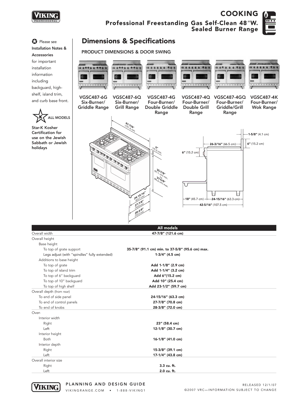 Viking VGSC487-4G*, VGSC487-6G*, VGSC487-6Q* manual Dimensions & Specifications, Product Dimensions & Door Swing, All models 