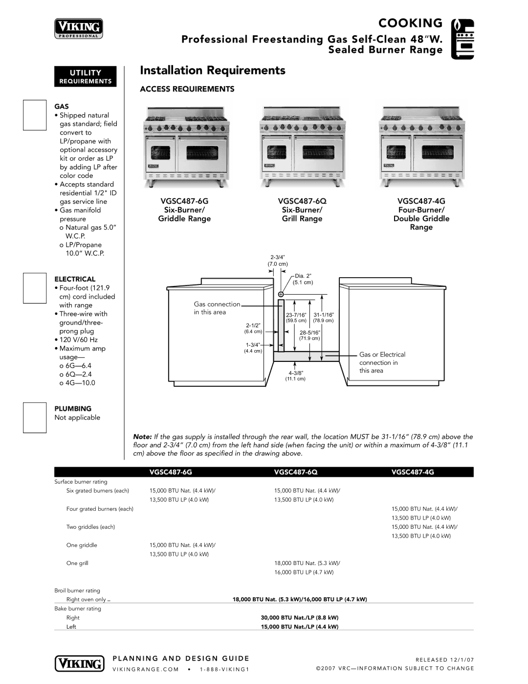 Viking VGSC487-6Q*, VGSC487-4G* manual Installation Requirements, VGSC487-6G VGSC487-6Q Six-Burner Griddle Range Grill Range 