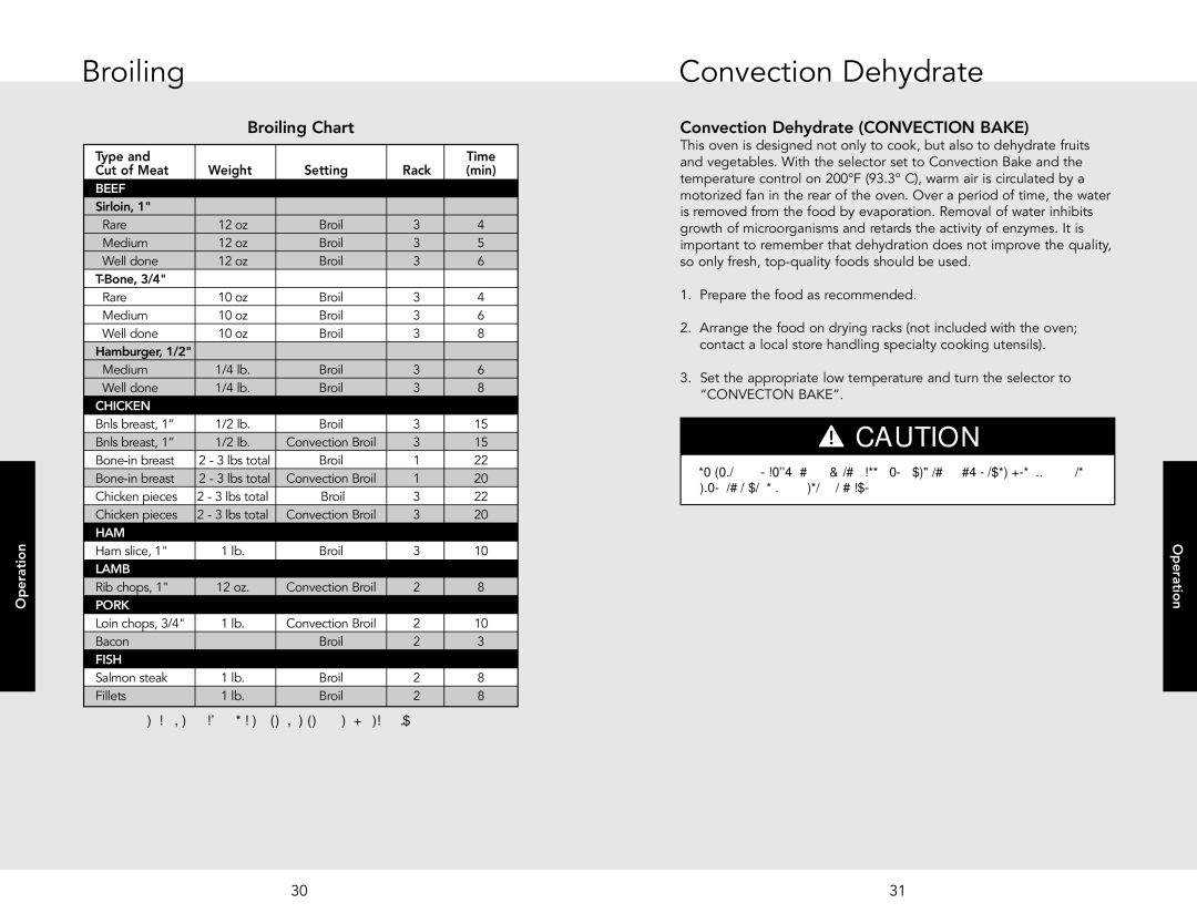 Viking VGSO100SS, VGSO100SG manual Convection Dehydrate, Broiling Chart 