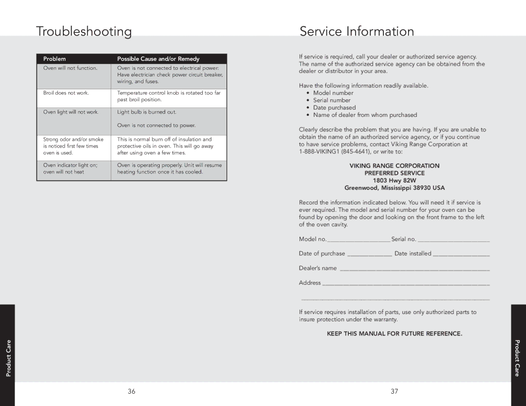 Viking VGSO100SS, VGSO100SG manual Troubleshooting, Service Information 