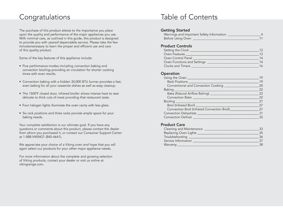 Viking VGSO100SG, VGSO100SS manual Congratulations, Table of Contents 