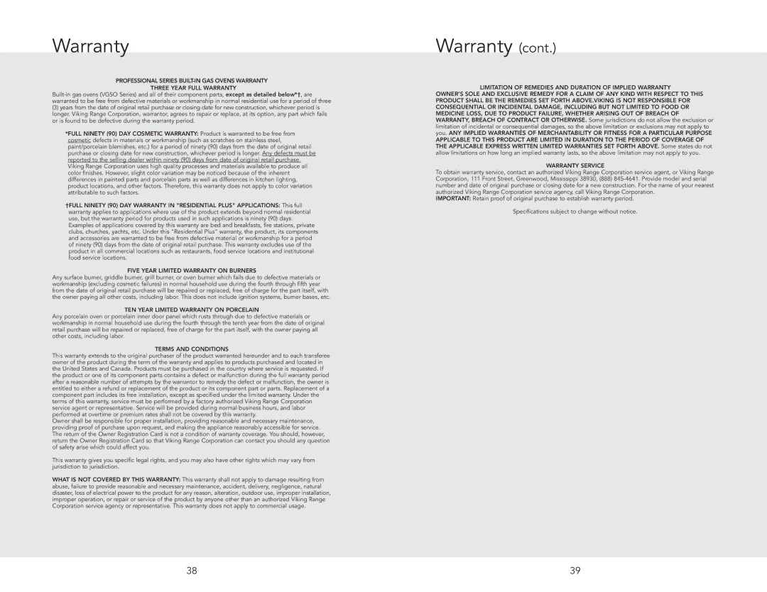 Viking VGSO100SG, VGSO100SS manual Five Year Limited Warranty on Burners 