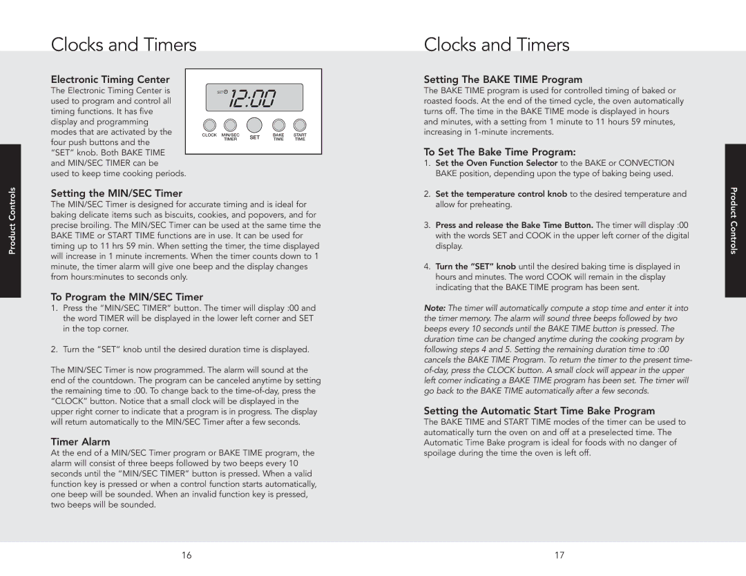 Viking VGSO100SS, VGSO100SG manual Clocks and Timers 