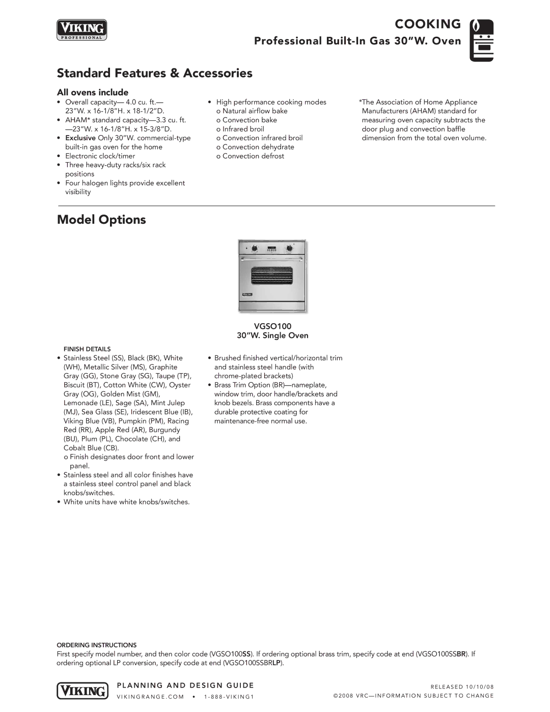 Viking VGSO100 manual Standard Features & Accessories, Model Options, 30W. Single Oven 