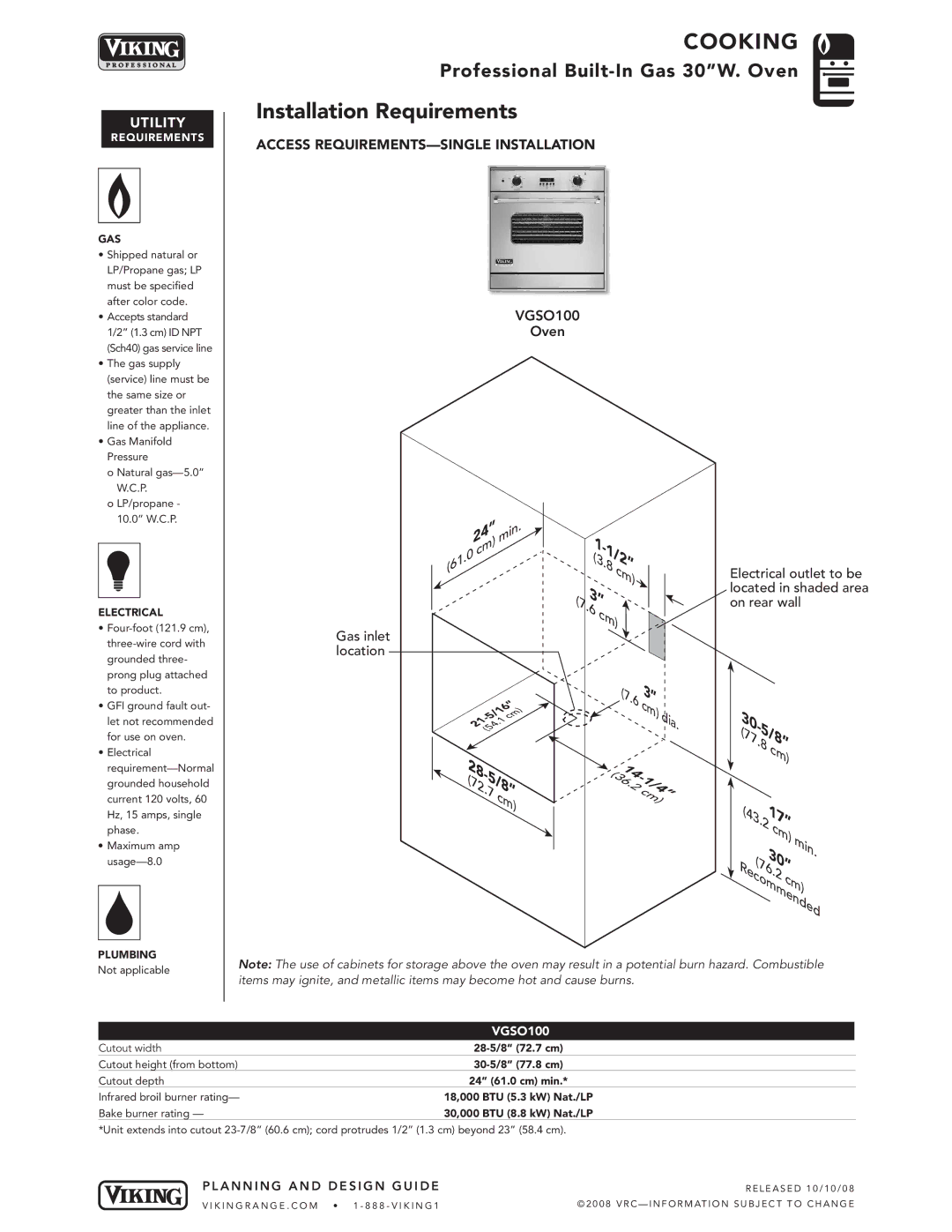 Viking VGSO100 manual Installation Requirements, Oven 