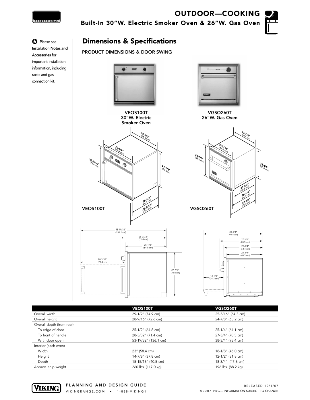 Viking VGSO100T, VGSO260T Dimensions & Specifications, Product Dimensions & Door Swing VEOS100T, 30W. Electric Smoker Oven 