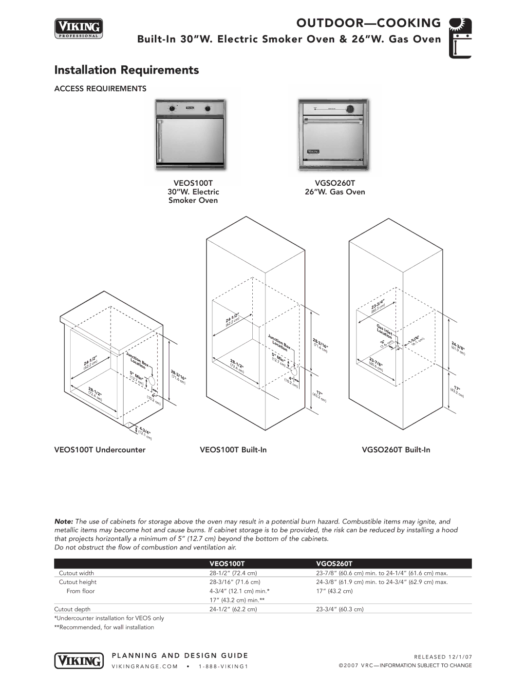 Viking VGSO100T manual Installation Requirements, Access Requirements VEOS100T VGSO260T, VEOS100T VGOS260T 