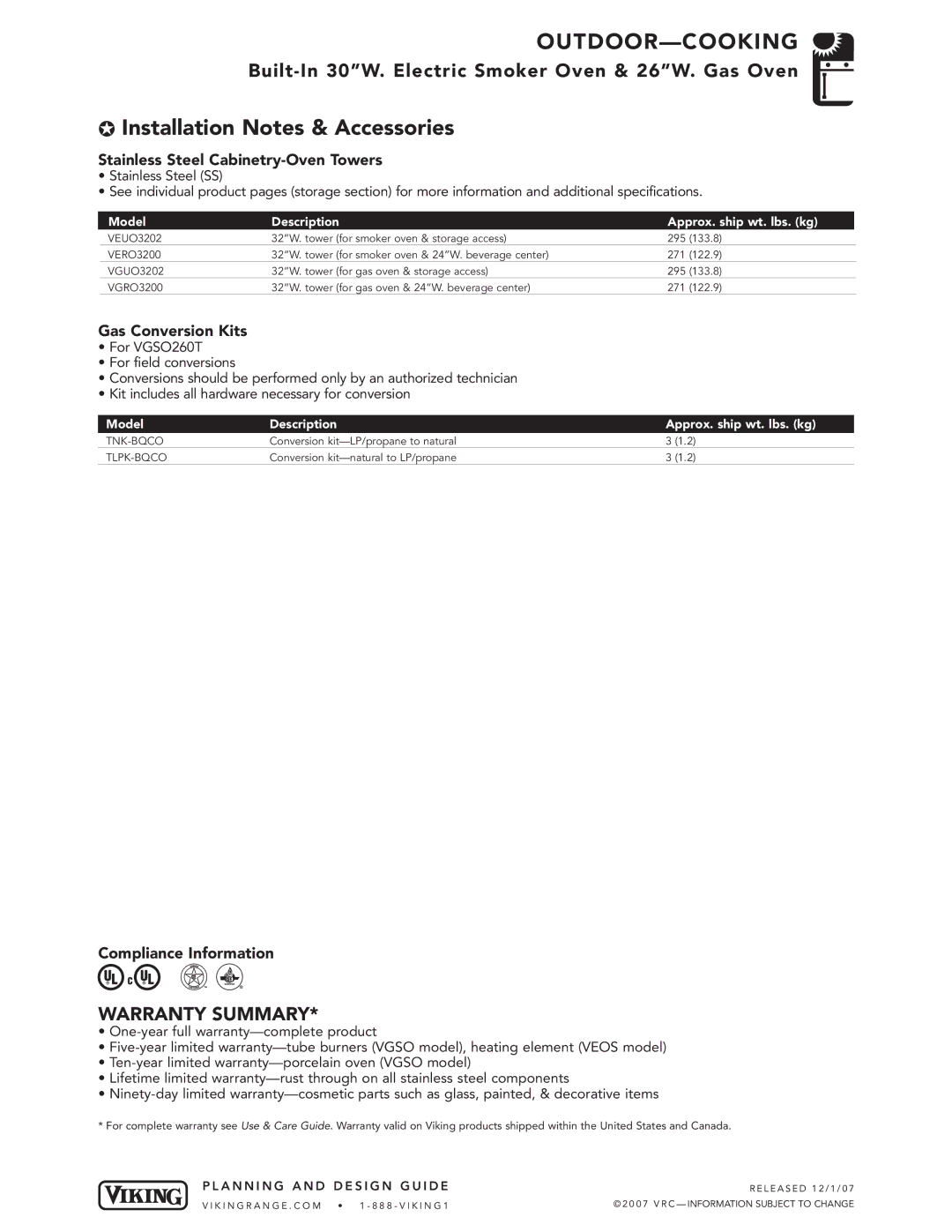 Viking VGSO260T, VGSO100T Installation Notes & Accessories, Stainless Steel Cabinetry-Oven Towers, Gas Conversion Kits 