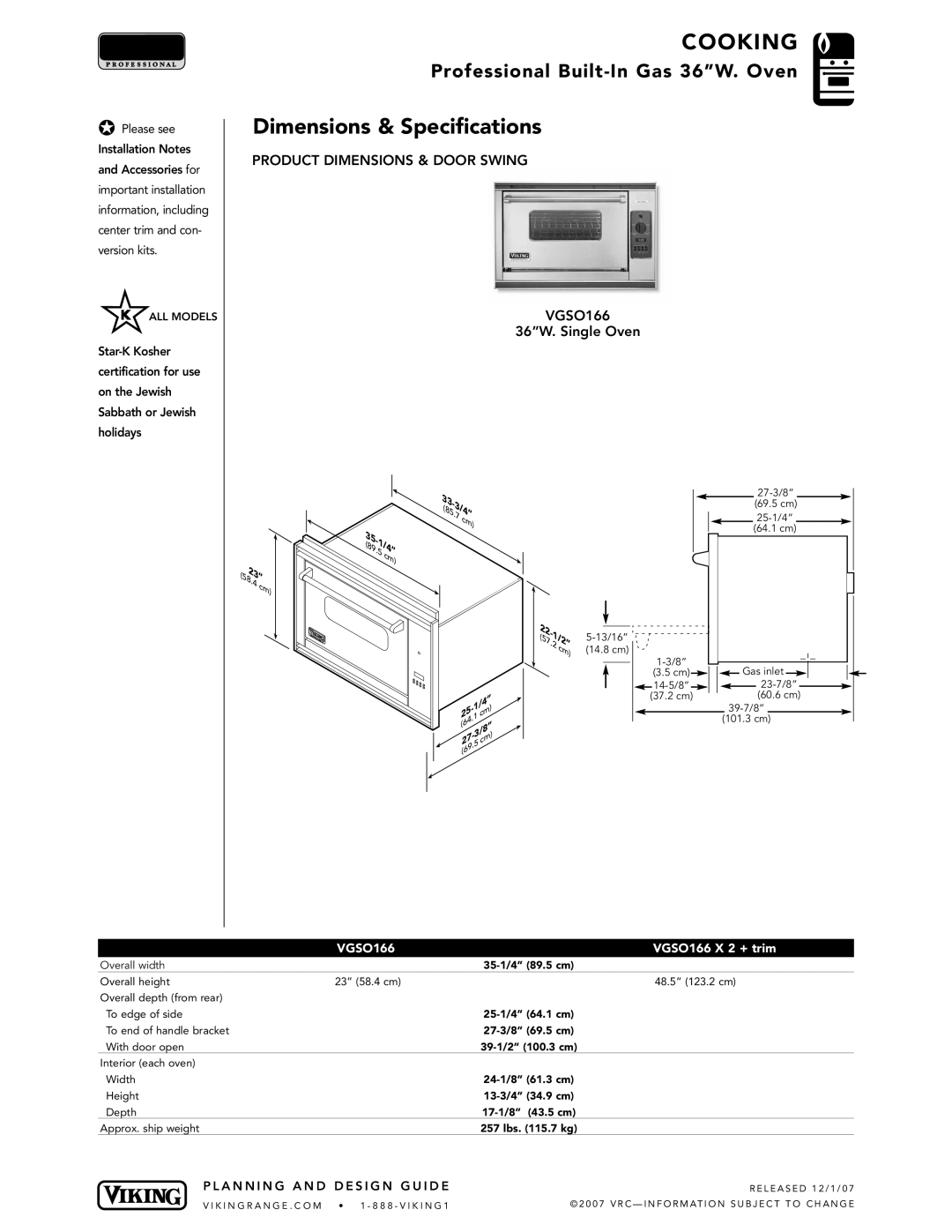 Viking manual Dimensions & Specifications, Product Dimensions & Door Swing VGSO166 