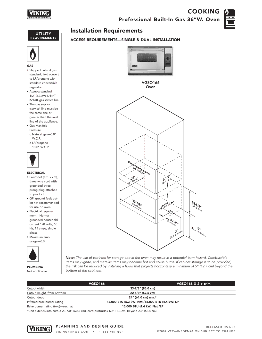 Viking VGSO166 manual Installation Requirements, Oven 