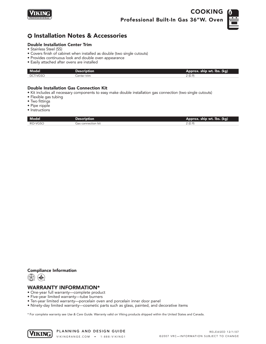 Viking VGSO166 Installation Notes & Accessories, Double Installation Center Trim, Double Installation Gas Connection Kit 