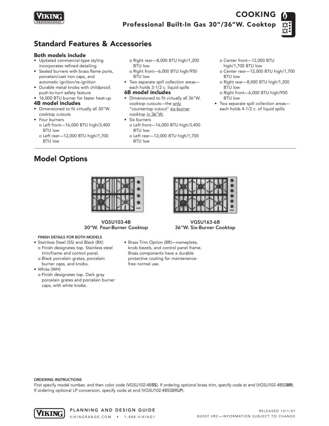 Viking VGSU163-6B manual Standard Features & Accessories, Model Options, Both models include, 4B model includes 