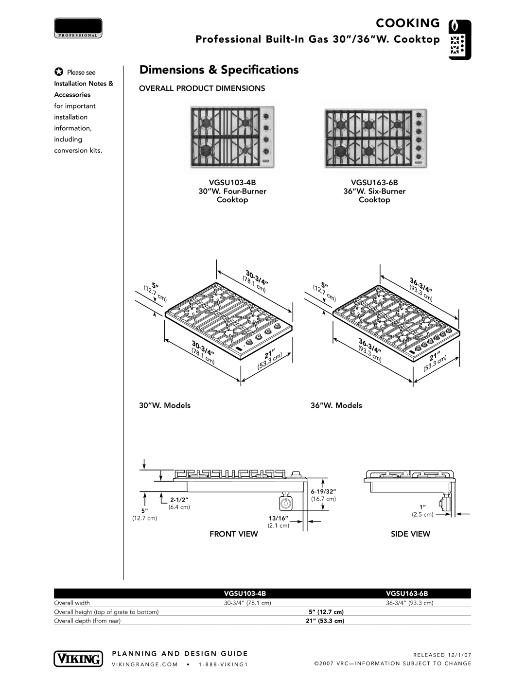 Viking VGSU103-4B, VGSU163-6B manual Dimensions & Specifications, Overall Product Dimensions, Front View Side View 