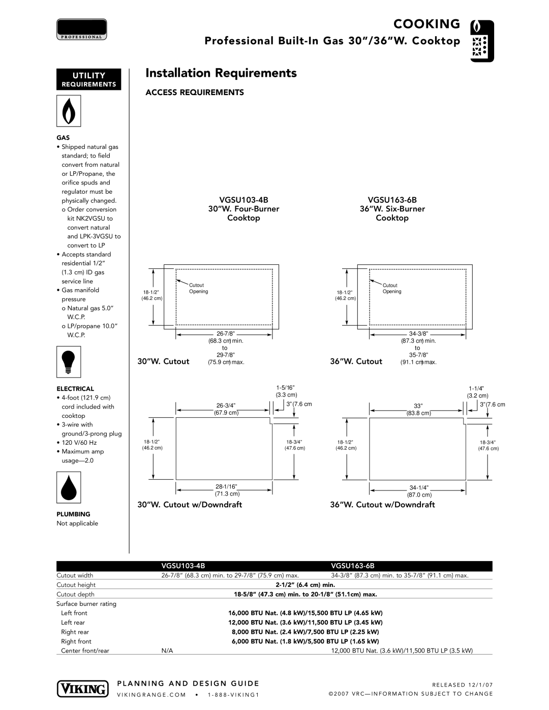 Viking VGSU103-4B, VGSU163-6B manual Installation Requirements, Utilit Y 