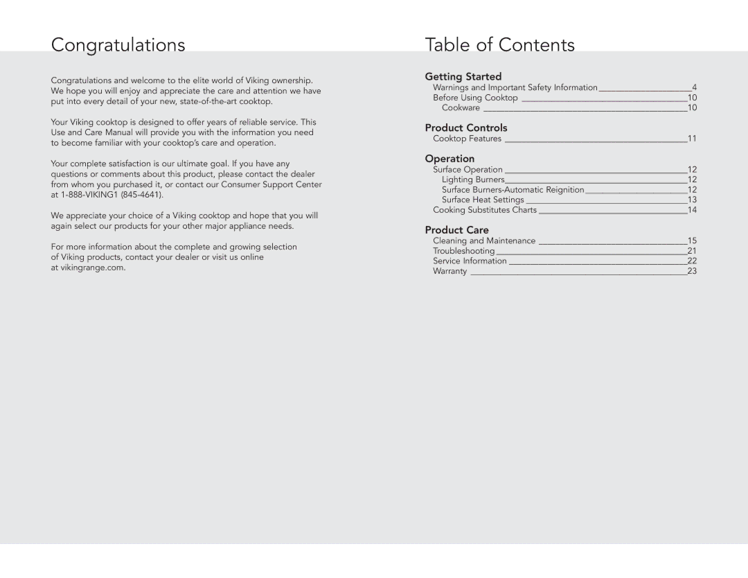 Viking VGSU1034BBK, VGSU1646BSS, VGSU1034BSS, VGSU1034BW, DGCU165, DGCU1054BSB, DGCU1556BSB Congratulations, Table of Contents 