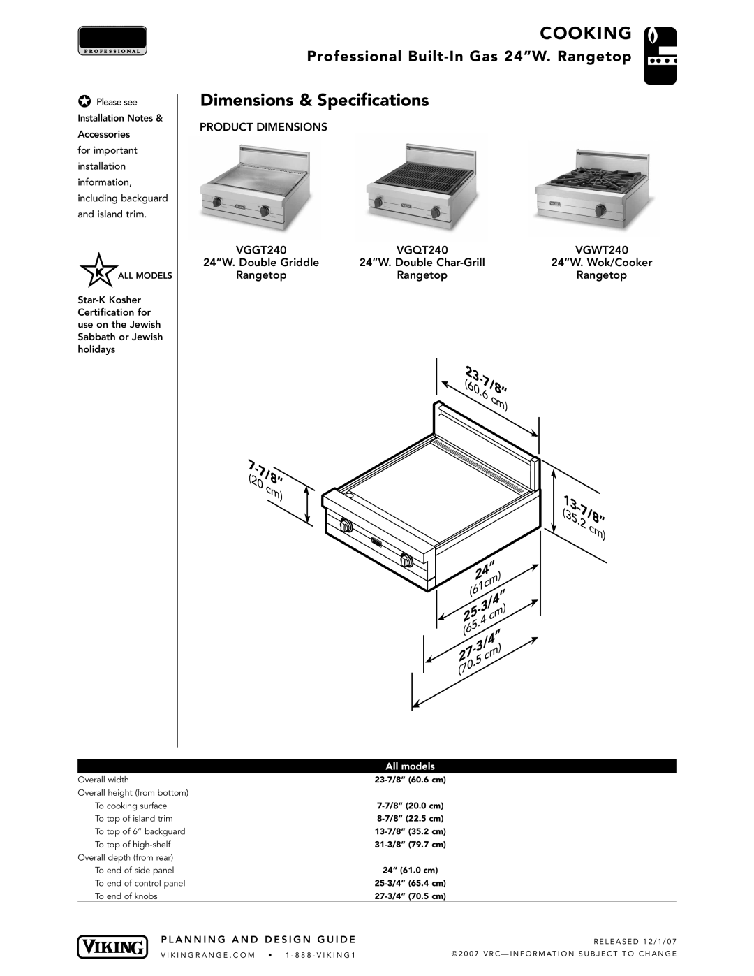 Viking VGGT240, VGWT240, VGQT240 manual Dimensions & Specifications, 67/8, A N N I N G a N D D E S I G N G U I D E 