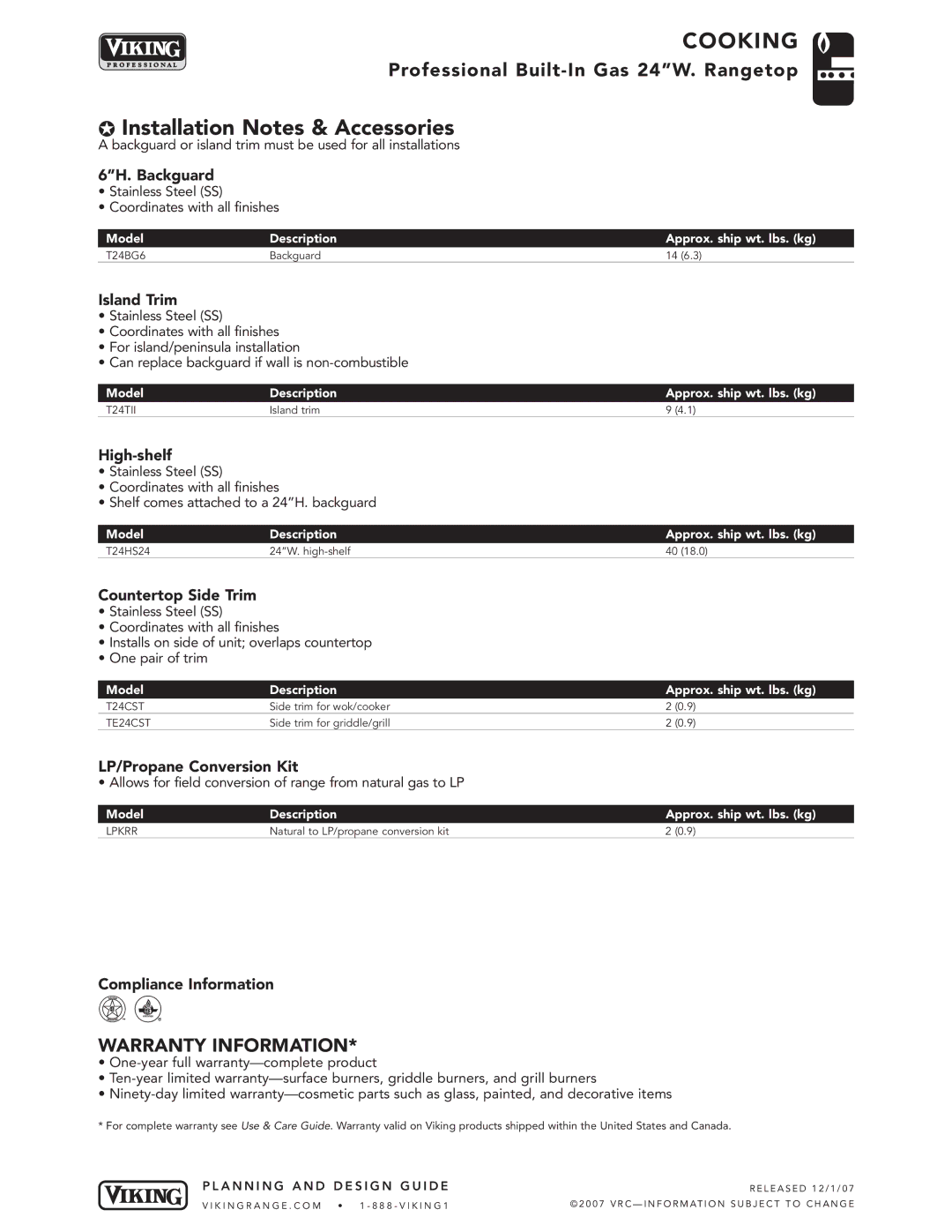 Viking VGGT240, VGWT240, VGQT240 manual Installation Notes & Accessories 