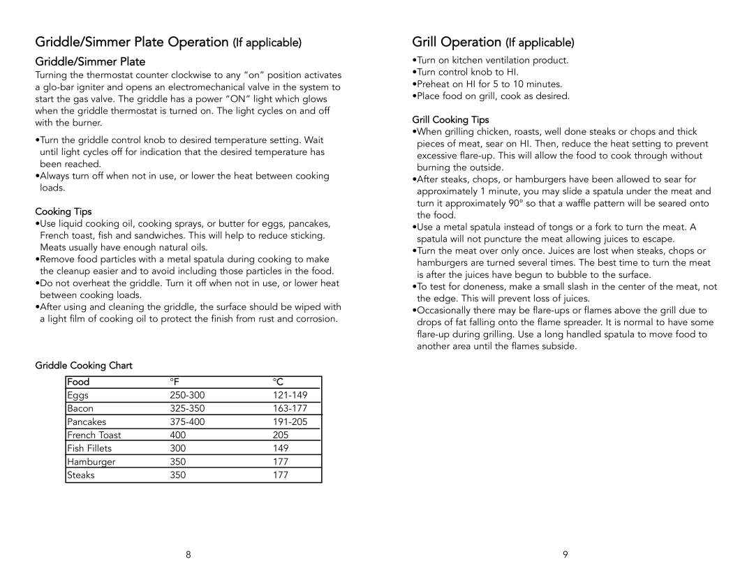 Viking VGGT240SS, VGWT240SS manual Griddle/Simmer Plate Operation If applicable, Grill Operation If applicable, Cooking Tips 