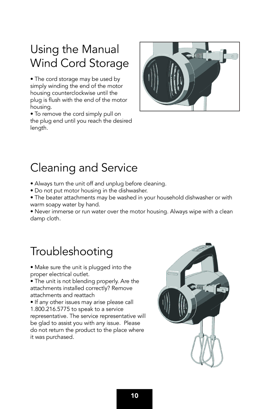 Viking VHMM5. VHMD9 manual Using the Manual Wind Cord Storage, Cleaning and Service, Troubleshooting 