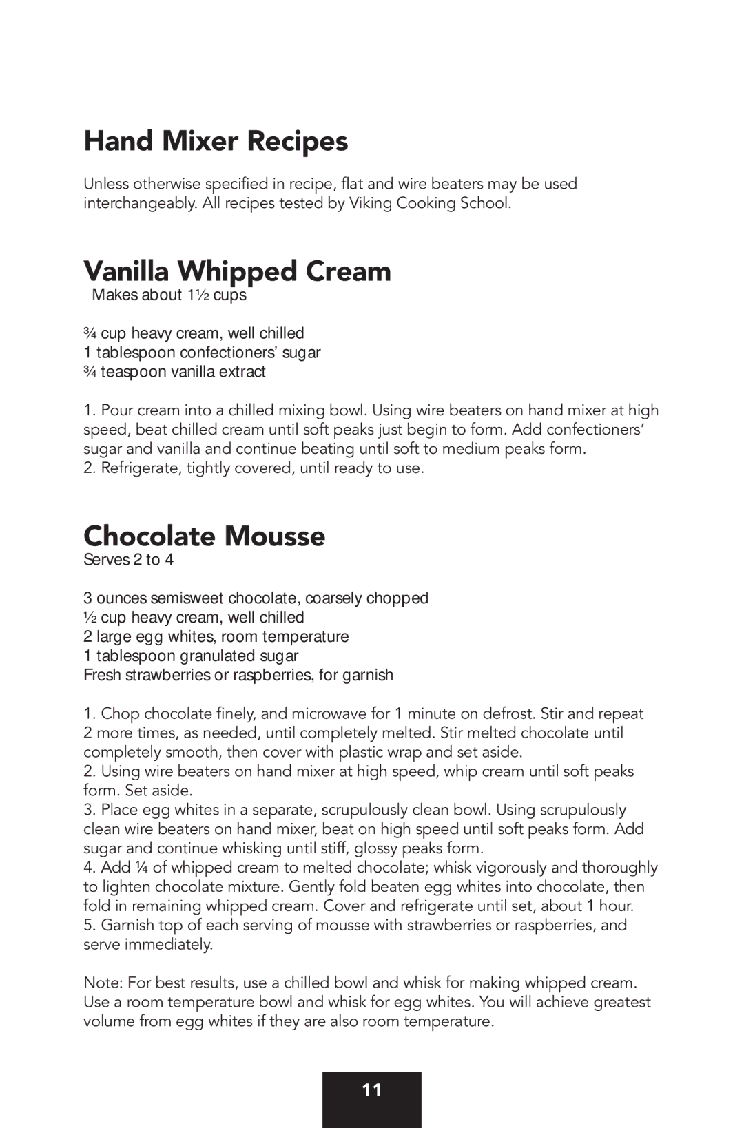 Viking VHMM5. VHMD9 manual Hand Mixer Recipes, Vanilla Whipped Cream, Chocolate Mousse 