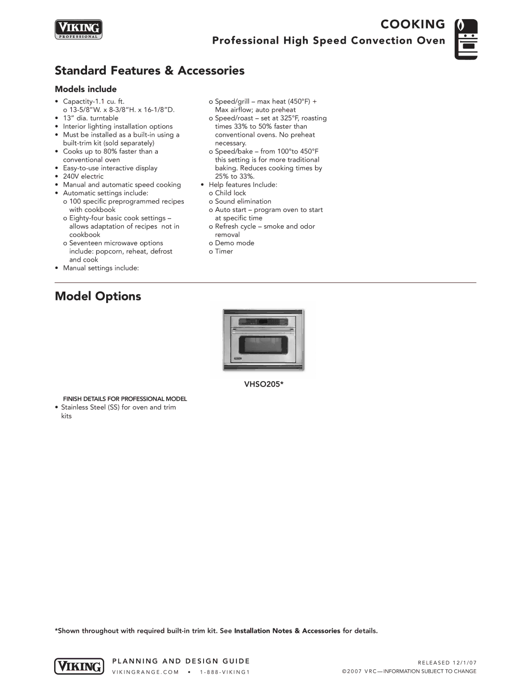 Viking VHSO205 manual Standard Features & Accessories, Model Options, Models include 