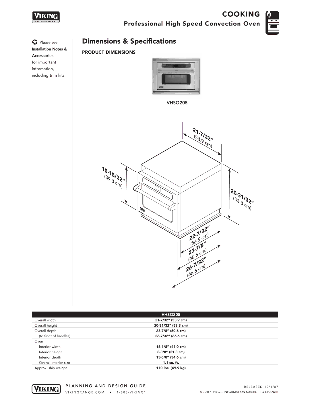 Viking VHSO205 manual Dimensions & Specifications, 31/32, A N N I N G a N D D E S I G N G U I D E 