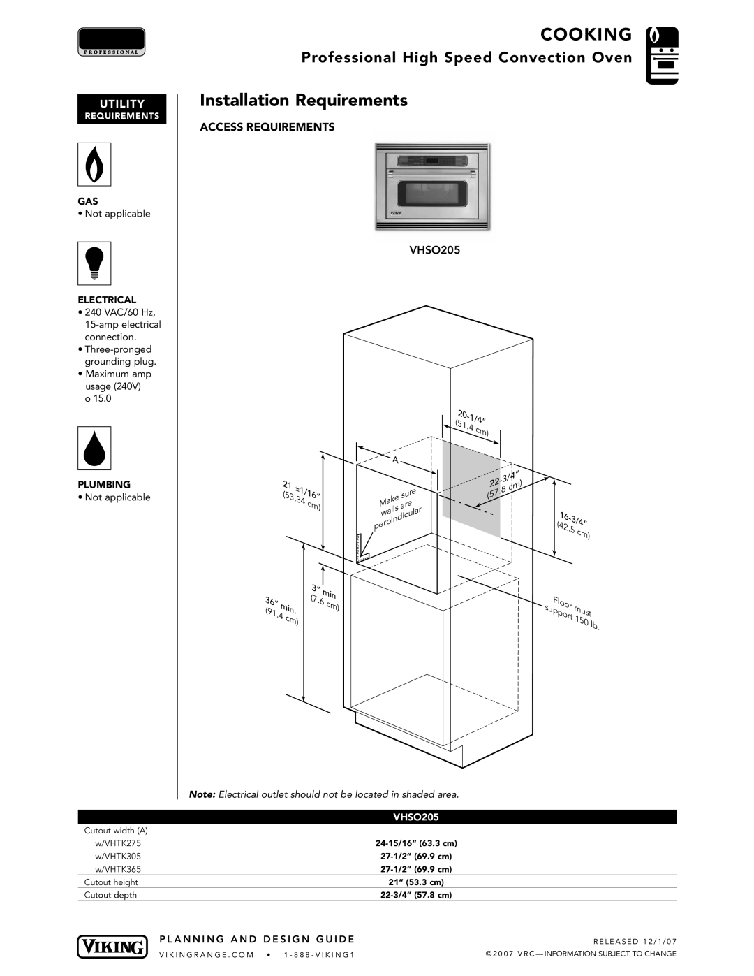 Viking VHSO205 manual Installation Requirements, Gas, Electrical, Plumbing 