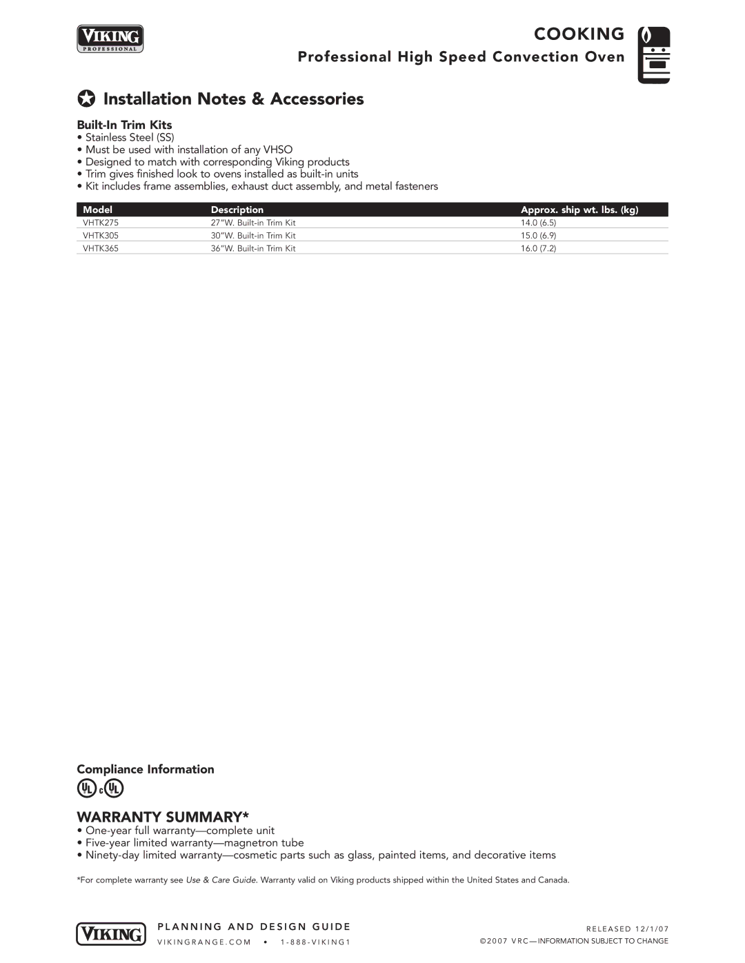 Viking VHSO205 manual Installation Notes & Accessories, Built-In Trim Kits, Compliance Information 