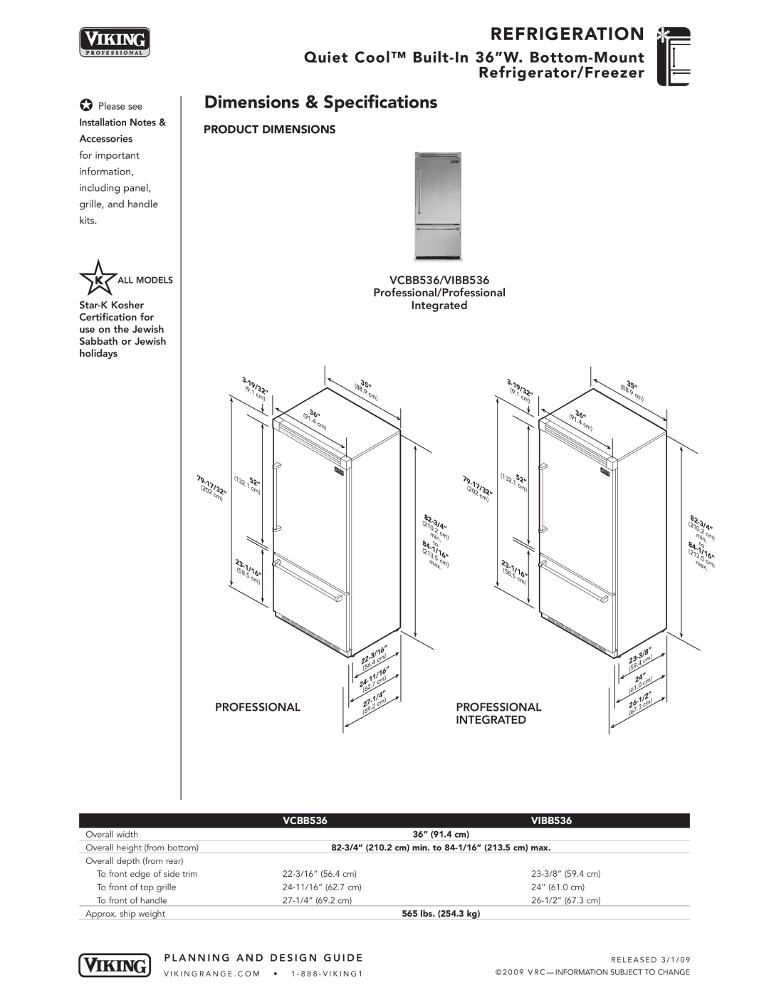 Viking specifications Dimensions & Specifications, VCBB536/VIBB536, VCBB536 VIBB536 