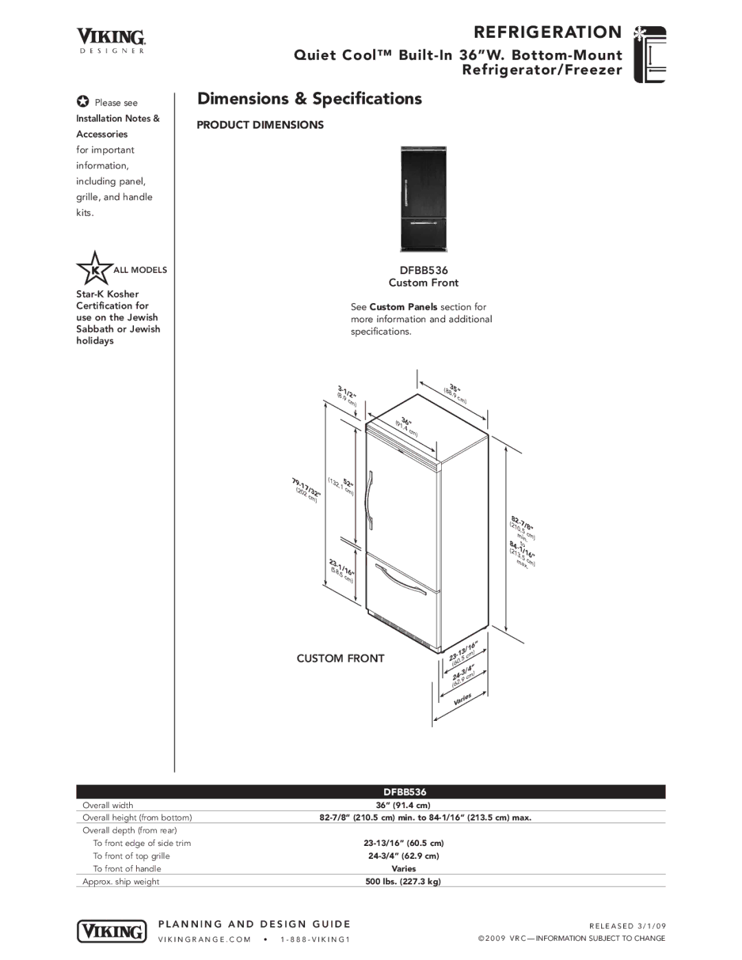 Viking VCBB536, VIBB536 specifications DFBB536 