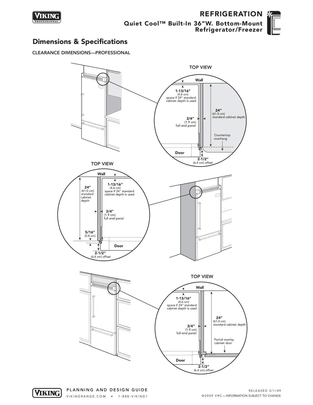 Viking VCBB536, VIBB536 specifications Clearance DIMENSIONS-PROFESSIONAL TOP View, Wall 13/16 