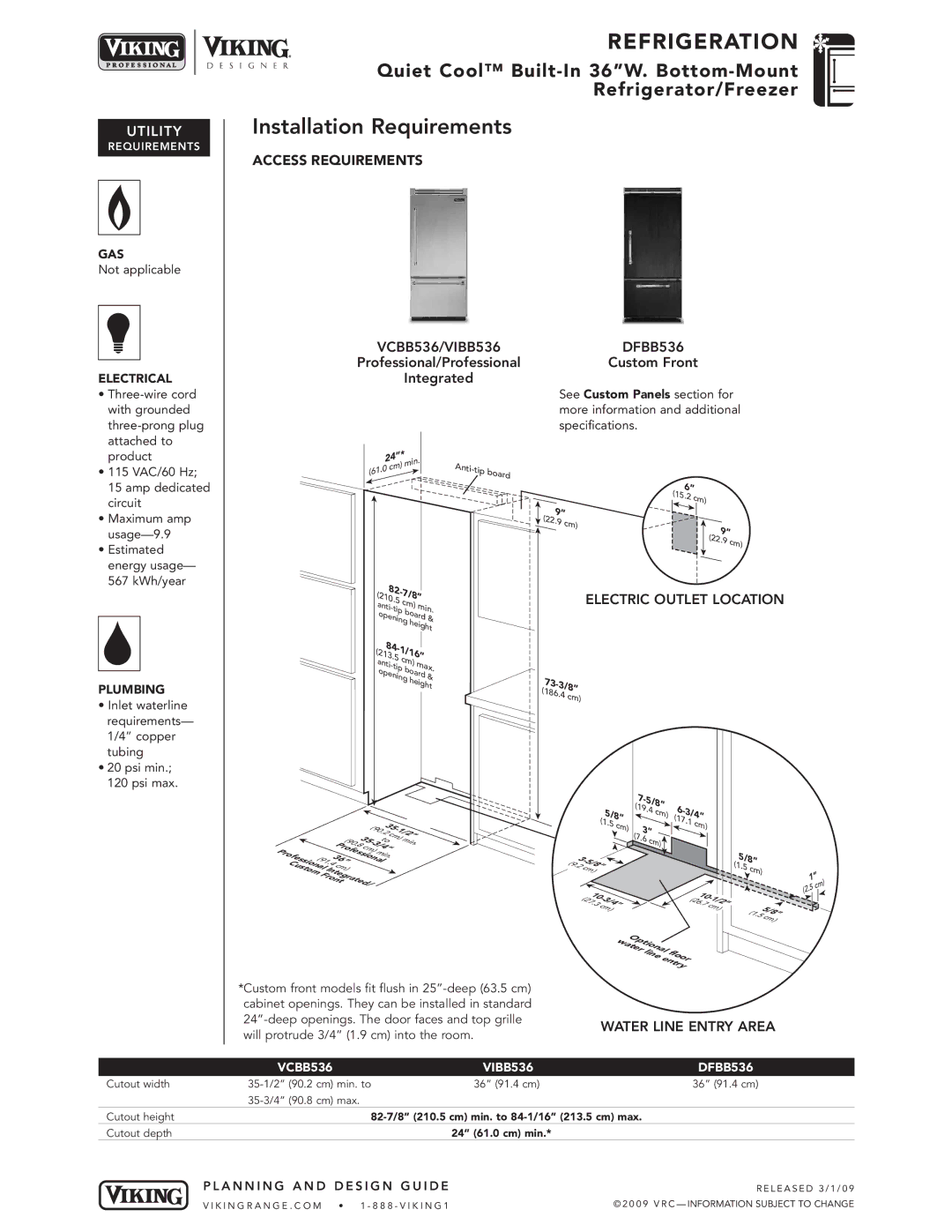 Viking VCBB536, VIBB536 specifications Water Line Entry Area 