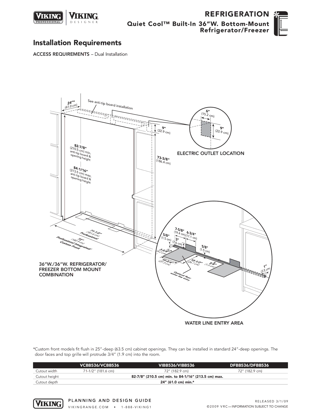 Viking Installation Requirements, Electric Outlet Location, VCBB536/VCBB536 VIBB536/VIBB536 DFBB536/DFBB536 