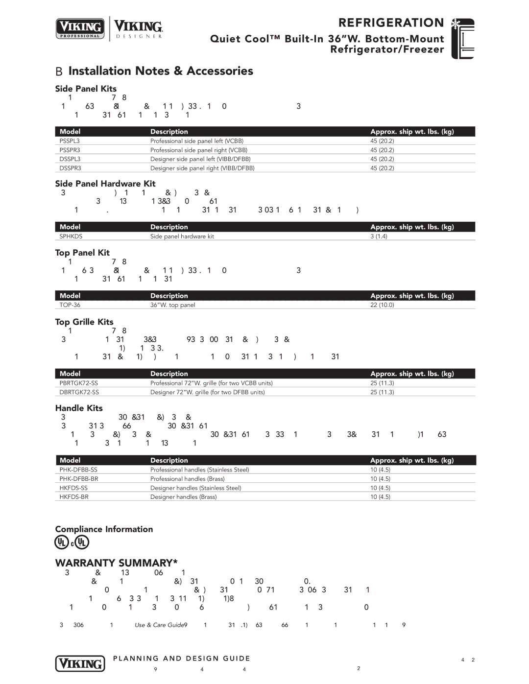 Viking VCBB536, VIBB536 specifications Installation Notes & Accessories, Side Panel Kits 