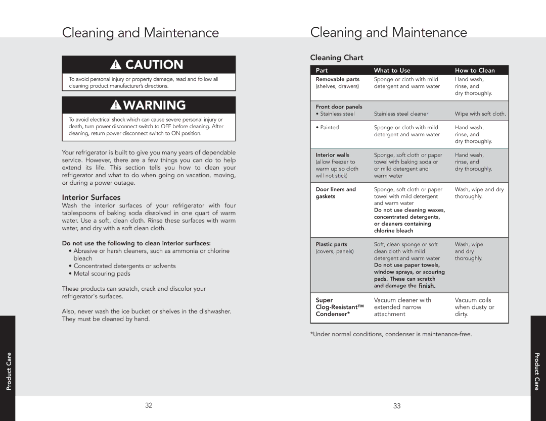 Viking DFBB536R, VIBB536RSS, FDFB5301R Cleaningand Maintenance, Cleaning and Maintenance, Interior Surfaces, Cleaning Chart 