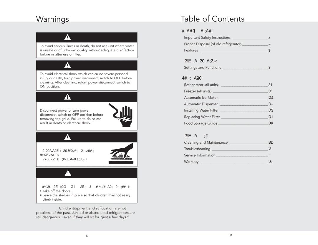 Viking FDFB5301L, VIBB536RSS, FDFB5301R, VCBB536LSS, VCSB542SS, VIBB536LSS, VCSB542DSS, F20603D EN, DFFB536R Table of Contents 