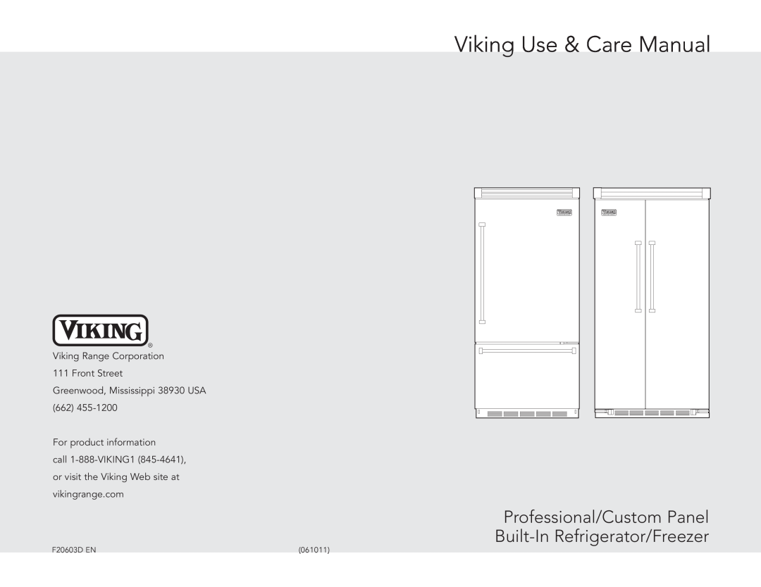 Viking FDFB5301R, FDFB5301L manual Viking Range Corporation 111 Front Street, Viking Use & Care Manual, F20603D EN, 061011 