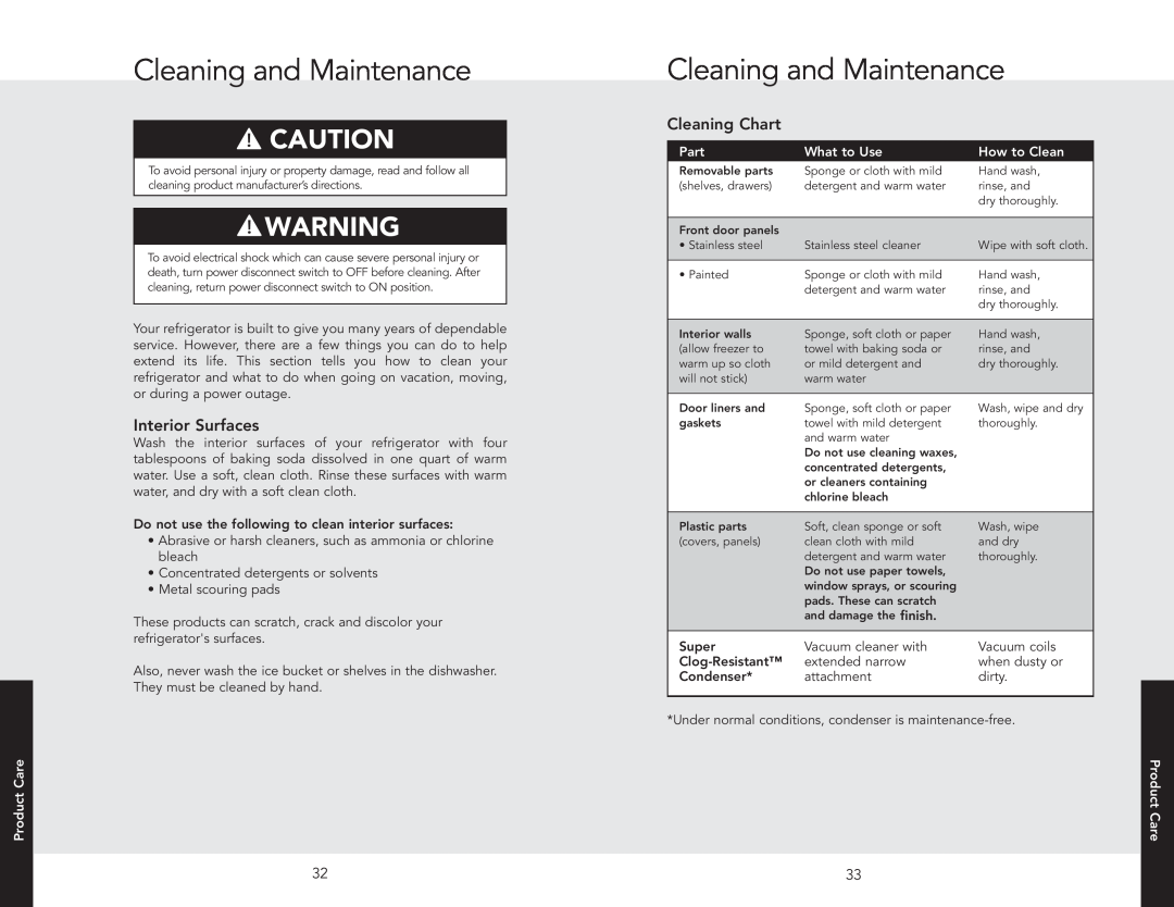 Viking DFBB536R Cleaningand Maintenance, Cleaning and Maintenance, Interior Surfaces, Cleaning Chart, Product Care, Part 
